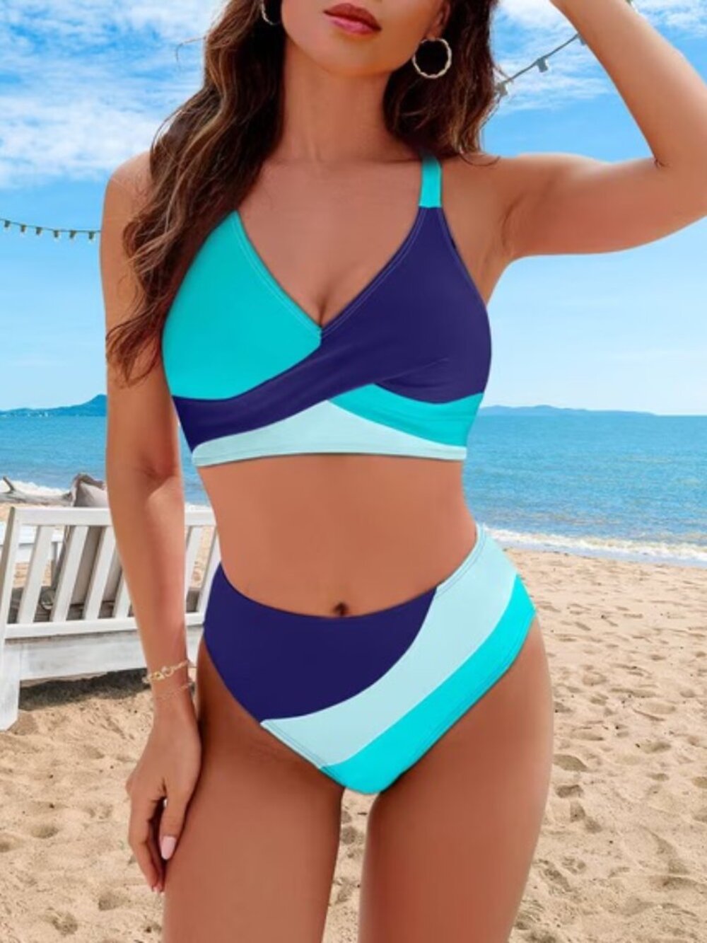 💙 NWT Rosvigor Color Block High Waisted Bikini Set XL
